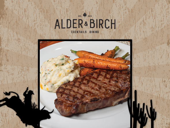 rodeo frame with alder and birch logo plus steak and sides